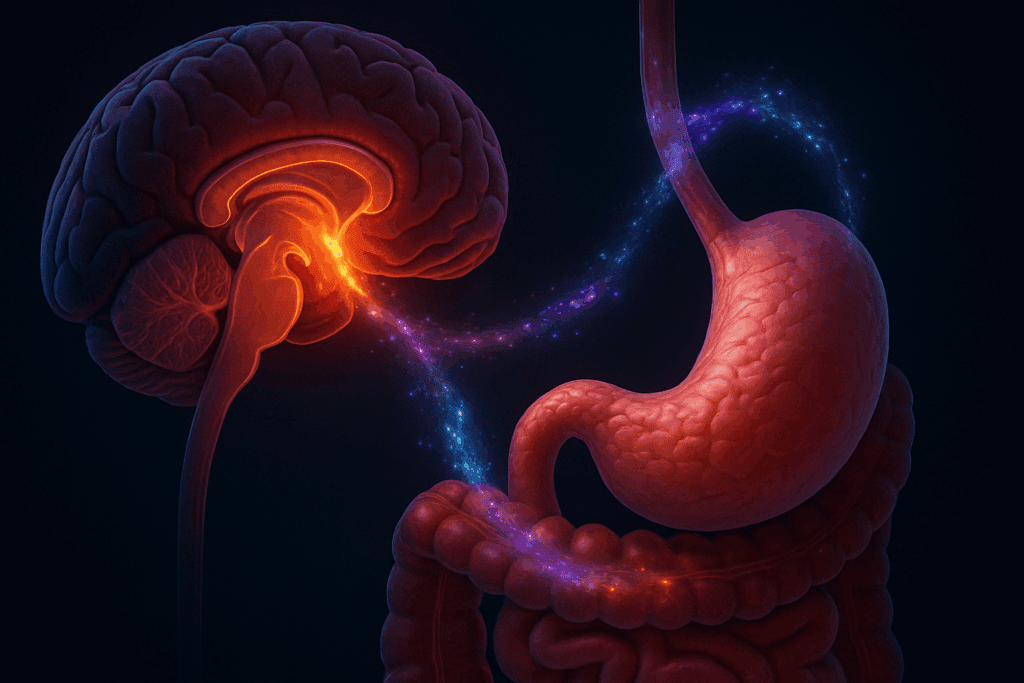 Anatomical illustration showing brain-stomach connection and hormone signals explaining why does my stomach feel empty even after eating