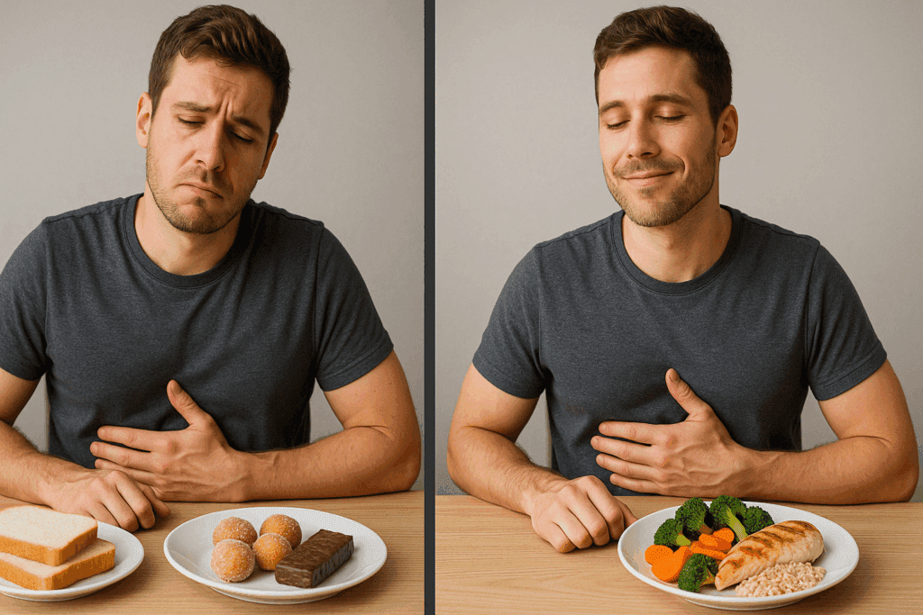 Split-screen comparison showing a man feeling discomfort after eating junk food and content after a whole-food meal, illustrating why does my stomach feel empty even after eating.