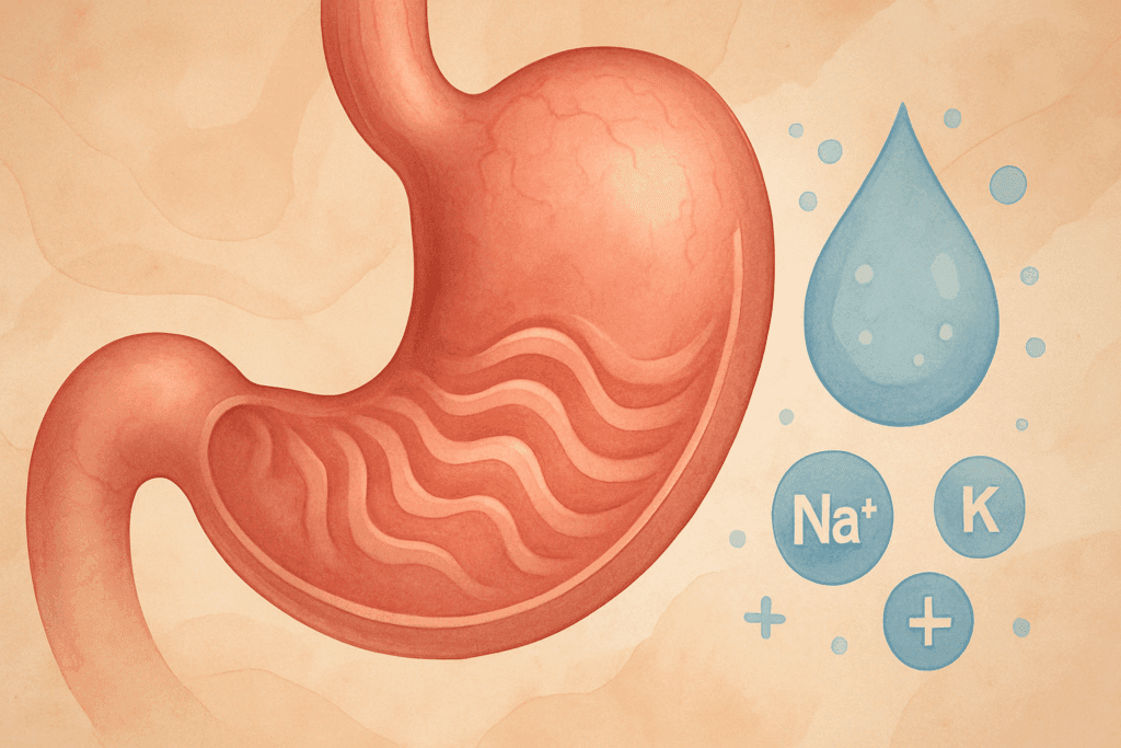 Stylized illustration of a human stomach showing wave-like cramps and hydration elements, explaining why does my stomach feel empty even after eating