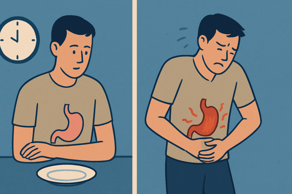 Illustration showing a man skipping a meal and later clutching his stomach in pain, depicting why does my stomach feel empty even after eating