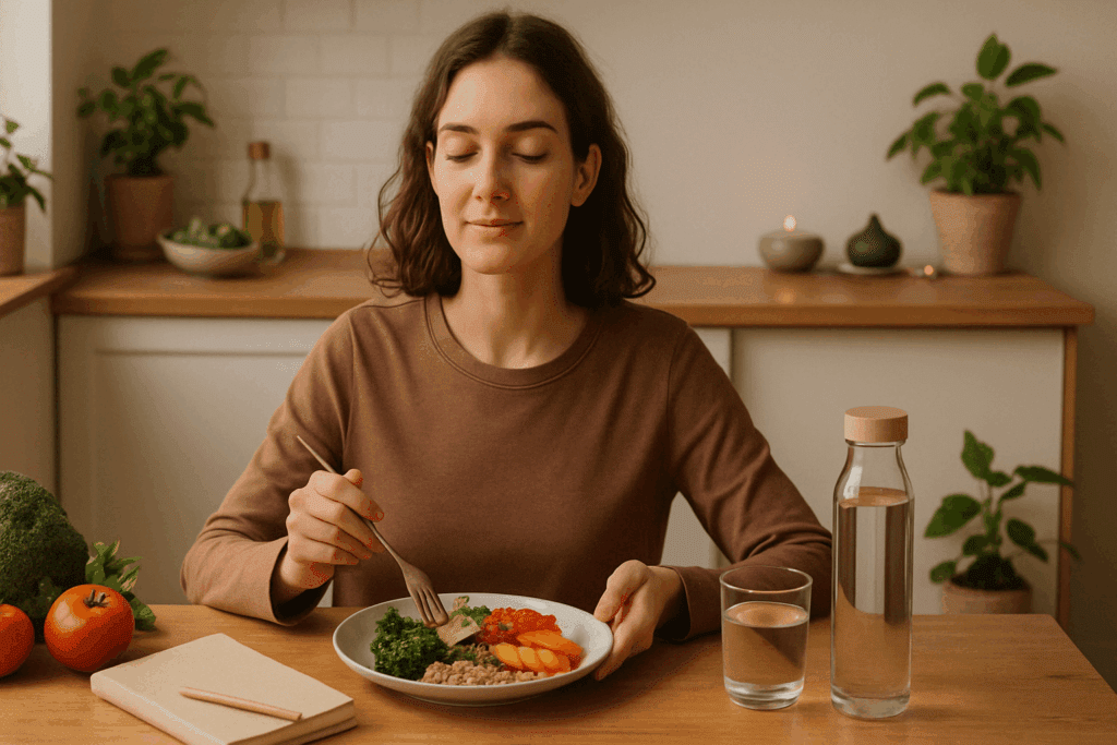 Woman practicing mindful eating at a kitchen table with a balanced meal, illustrating Why does my stomach feel empty even after eating