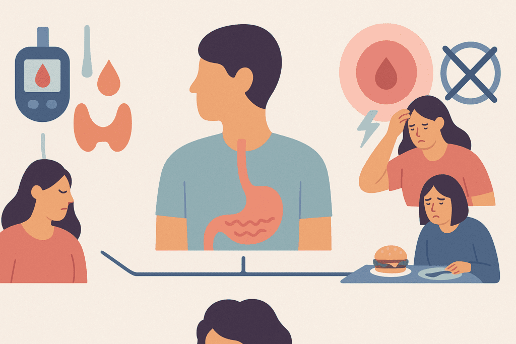 Infographic visualizing medical and psychological causes of persistent hunger, answering why does my stomach feel empty even after eating