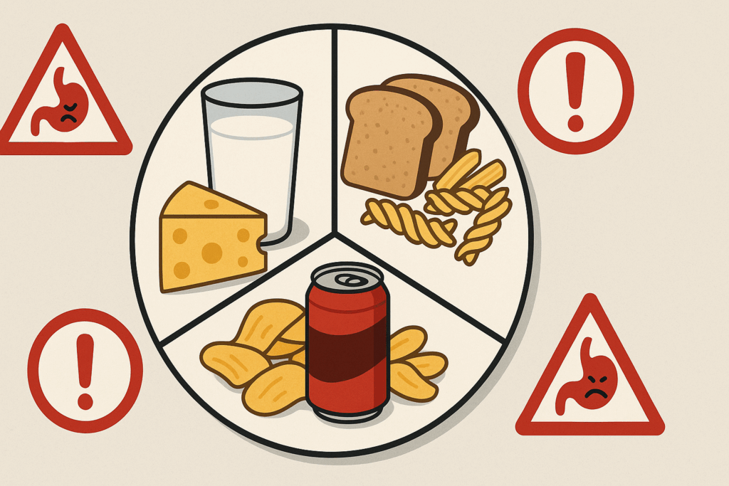 Why Does My Stomach Hurt After I Eat? Understanding Common Causes of Abdominal Pain and How to Find Relief Naturally 2 Diet plate with dairy, gluten, and junk food surrounded by red warning signs, symbolizing triggers behind 'Why does my stomach hurt after I eat?