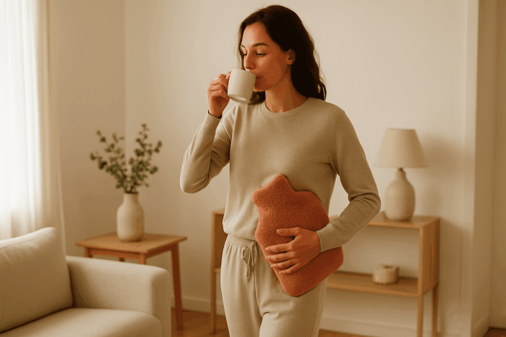 Why Does My Stomach Hurt After I Eat? Understanding Common Causes of Abdominal Pain and How to Find Relief Naturally 5 Sipping herbal tea and applying a warm compress for stomach relief at home, illustrating natural answers to why does my stomach hurt after I eat?