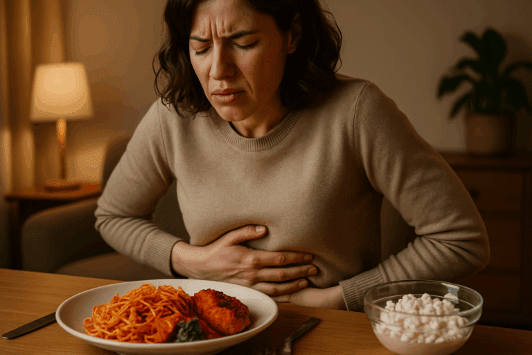 Woman clutching her stomach in discomfort at the dinner table after eating pasta and dairy, illustrating why does my stomach hurt after I eat?