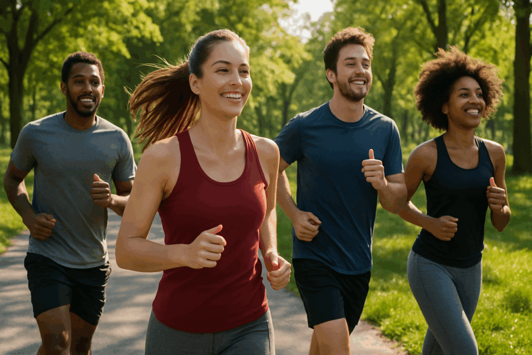 Group of young adults jogging together in a sunny park, promoting active lifestyles that help prevent heart problems in your 20s.