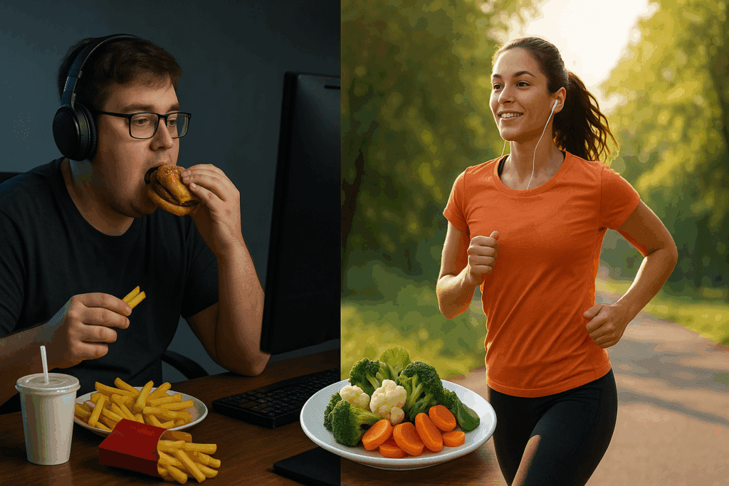 Split-screen showing lifestyle choices linked to heart problems in your 20s—junk food at a computer vs. outdoor exercise with vegetables
