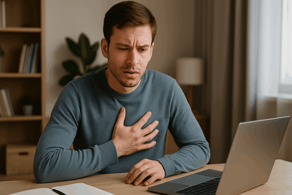 Young man at a desk clutching his chest in discomfort, showing early signs of heart problems in your 20s