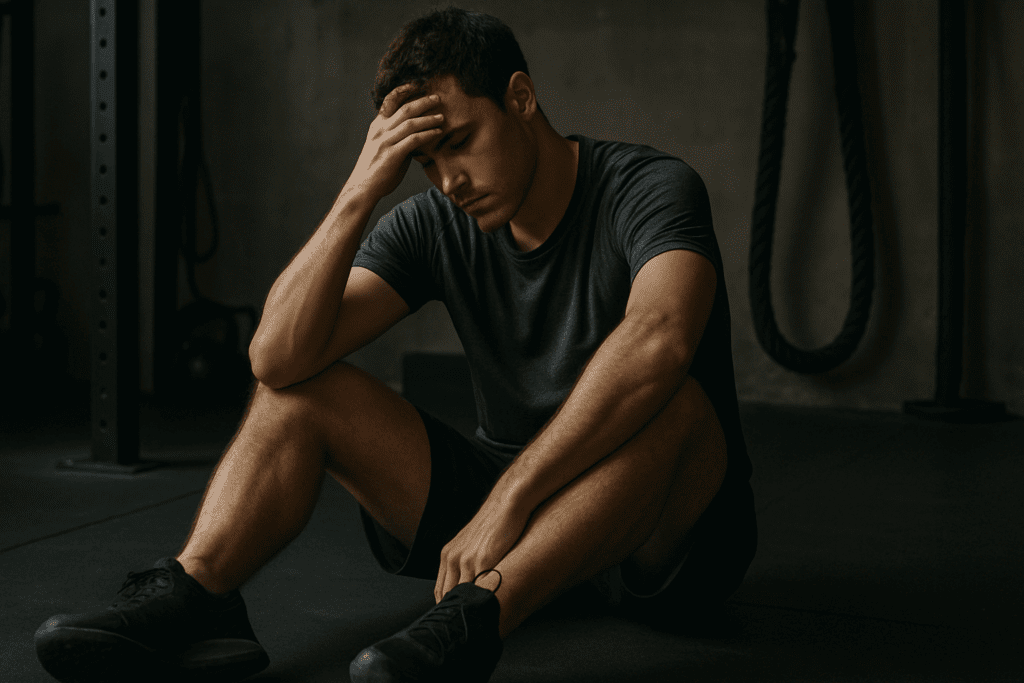 Exhausted young man in gym clothes sitting on the floor, showing signs of stress and fatigue linked to heart problems in your 20s