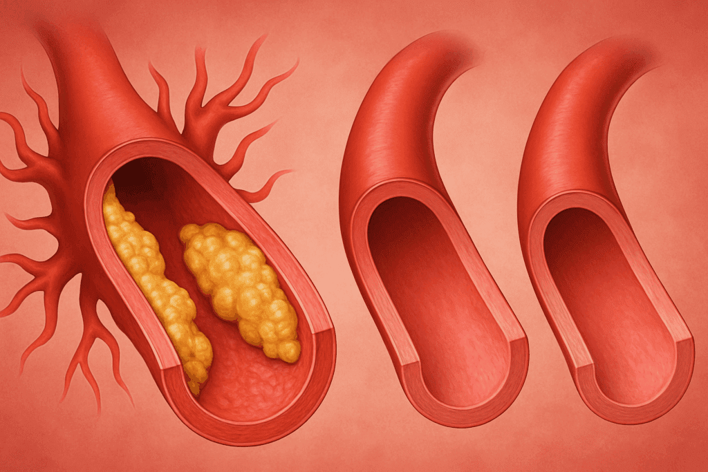 Cross-section medical illustration showing healthy arteries next to inflamed, plaque-filled arteries linked to heart problems in your 20s.