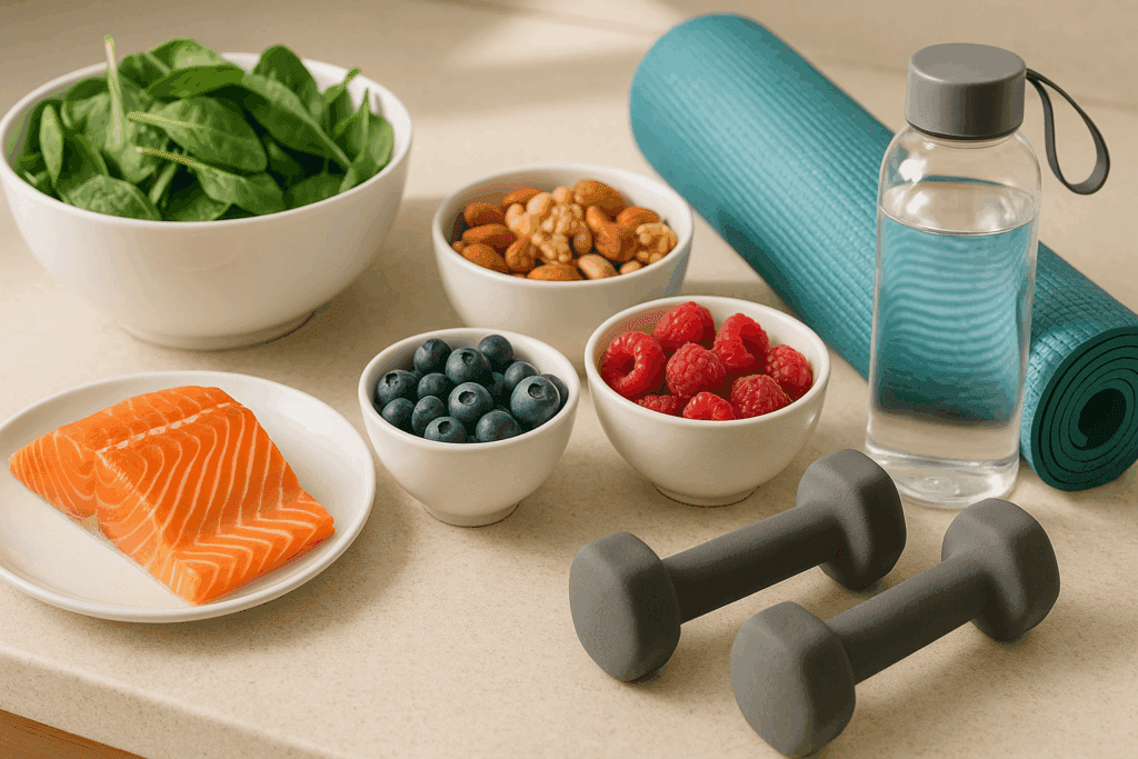 Healthy foods and workout gear on a kitchen counter promoting lifestyle tips to prevent heart problems in your 20s.