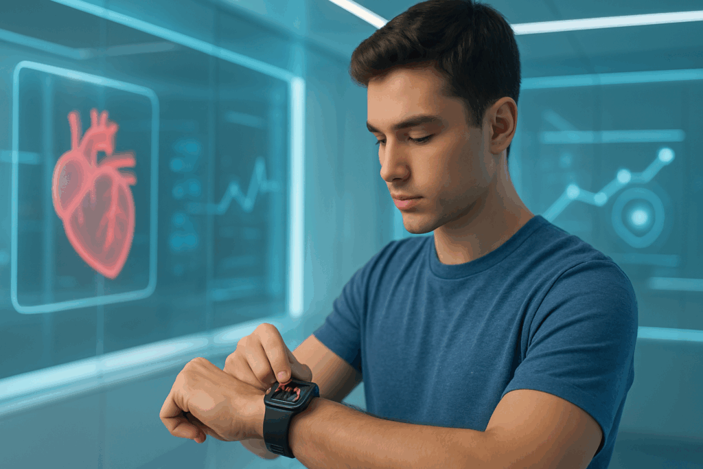 Young adult checking heart rate on smartwatch in a futuristic health lab, symbolizing early detection of heart problems in your 20s.