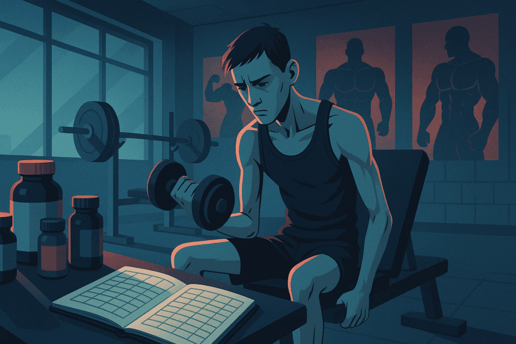 Why Male Eating Disorders Are Overlooked: What to Know About Anorexia in Guys and the Growing Mental Health Crisis 2 A young man working out in a modern gym, surrounded by supplement bottles and a strict meal plan notebook. The gym's atmosphere and fitness posters subtly reflect the pressure of perfection, highlighting the challenges of male eating disorders. The cool-toned image captures the tension in his focused expression as he lifts weights, symbolizing the mental strain often associated with body image issues in men.