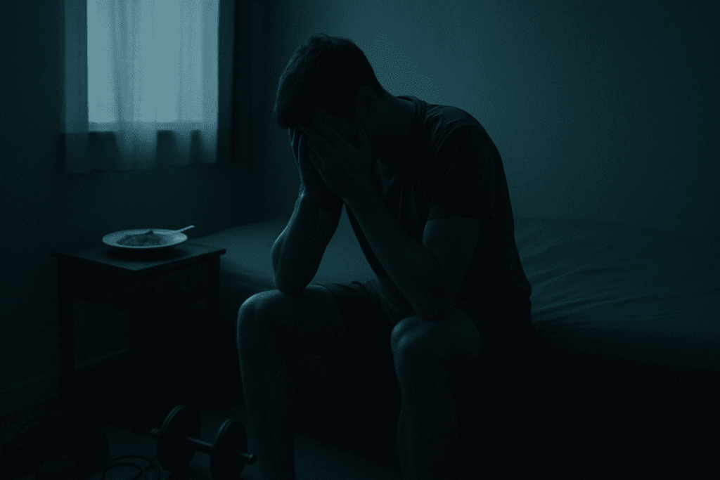 Why Male Eating Disorders Are Overlooked: What to Know About Anorexia in Guys and the Growing Mental Health Crisis 3 Man sitting on the edge of a bed in a dimly lit room, reflecting emotional distress related to male eating disorders. An untouched meal and workout gear are visible, symbolizing isolation and psychological struggle