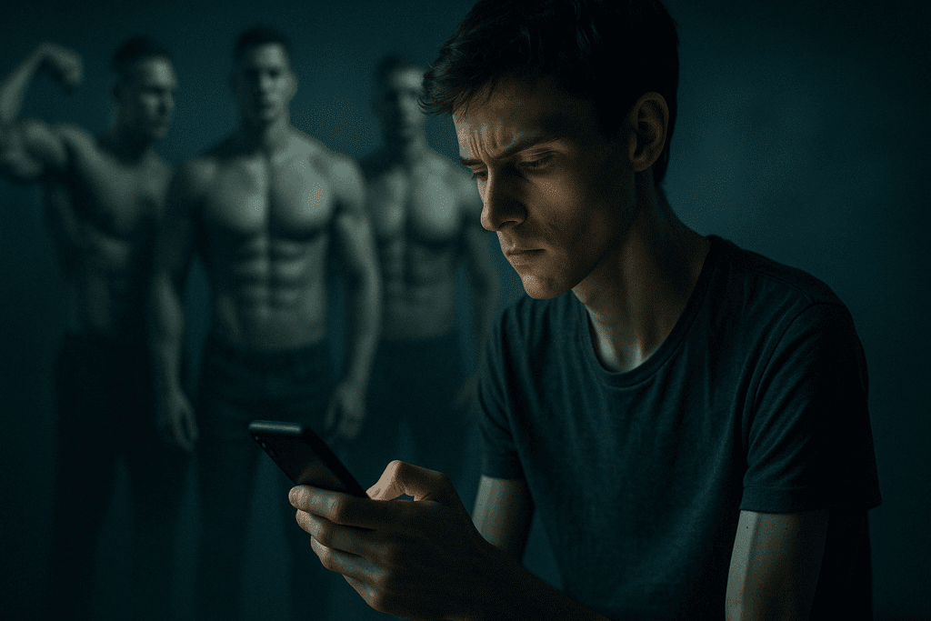 Why Male Eating Disorders Are Overlooked: What to Know About Anorexia in Guys and the Growing Mental Health Crisis 4 A young man with a slim build looking at his smartphone with a tense expression, while blurred muscular fitness influencers appear in the background. This visual represents the psychological pressure and digital comparison often associated with male eating disorders