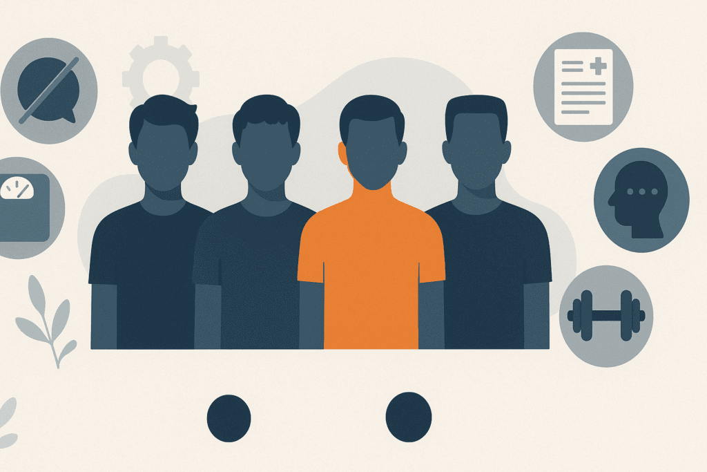 Why Male Eating Disorders Are Overlooked: What to Know About Anorexia in Guys and the Growing Mental Health Crisis 6 Infographic depicting male eating disorders, with four diverse male silhouettes standing side by side. One silhouette is highlighted to represent the 25% of individuals affected by anorexia and bulimia. Surrounding icons represent common barriers like stigma, misdiagnosis, and silence, while symbols like scales, gym equipment, and clinical documents further reflect the challenges faced by men with eating disorders.
