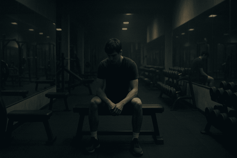Solitary young man sitting on a gym bench in a dimly lit fitness center, surrounded by mirrors, representing the emotional isolation and inner conflict often associated with male eating disorders. His downward gaze highlights the contrast between physical strength and hidden vulnerability in this introspective, somber scene