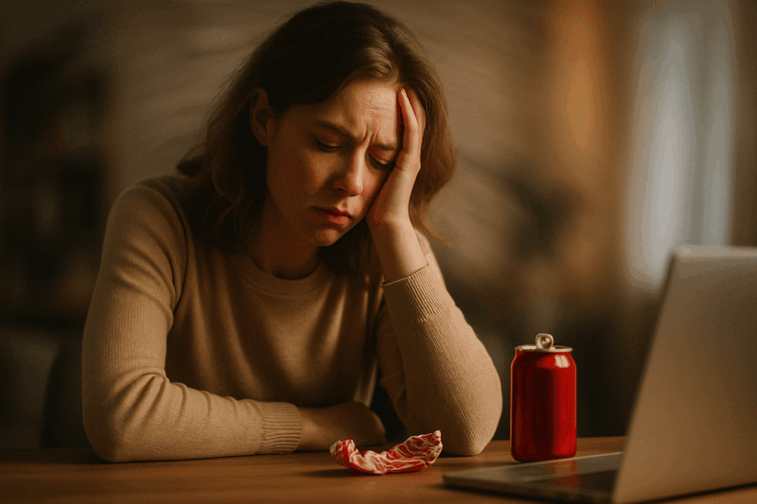 Tired woman experiencing fatigue and mental fog at her desk after consuming sugary snacks, illustrating Why Sugar Crashing Happens and How to Prevent It.