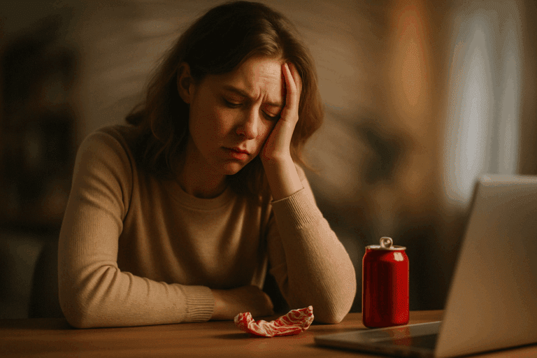 Tired woman experiencing fatigue and mental fog at her desk after consuming sugary snacks, illustrating Why Sugar Crashing Happens and How to Prevent It.