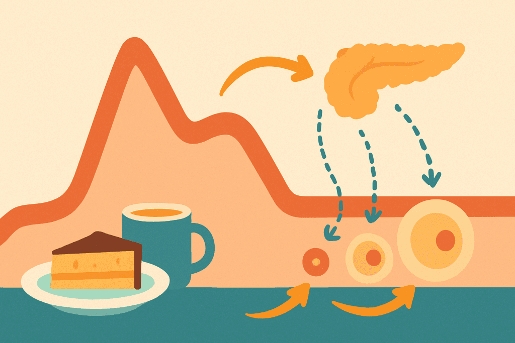 Stylized diagram showing Why Sugar Crashing Happens and How to Prevent It, with a sharp blood sugar spike after a sugary meal, insulin response from the pancreas, and glucose absorption by cells.