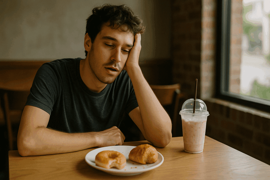 Young man slouched at café table after eating sugary snacks, illustrating Why Sugar Crashing Happens and How to Prevent It.