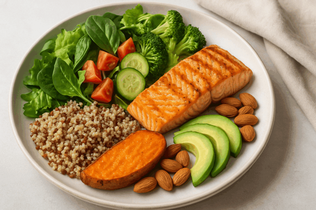 Balanced meal with salmon, quinoa, leafy greens, and avocado illustrating Why Sugar Crashing Happens and How to Prevent It