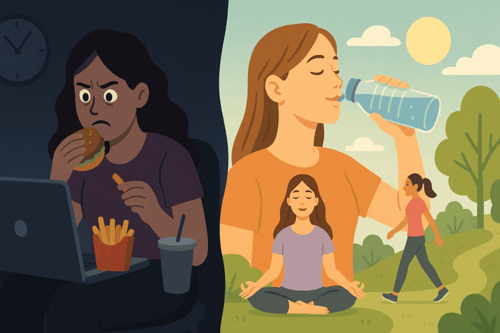 Split-scene illustration showing lifestyle contrast for Why Sugar Crashing Happens and How to Prevent It, with one side depicting unhealthy habits like junk food and screen time, and the other side showing healthy routines like hydration, meditation, and outdoor walking.