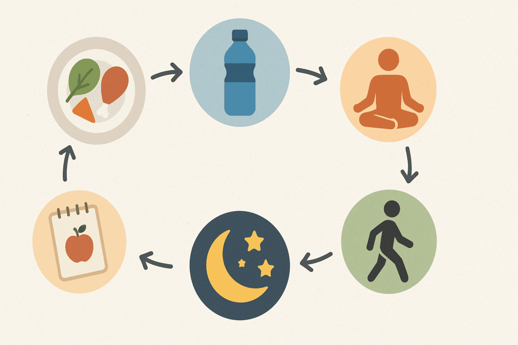 Infographic showing six interconnected strategies like hydration, sleep, and balanced meals to explain why sugar crashing happens and how to prevent it.