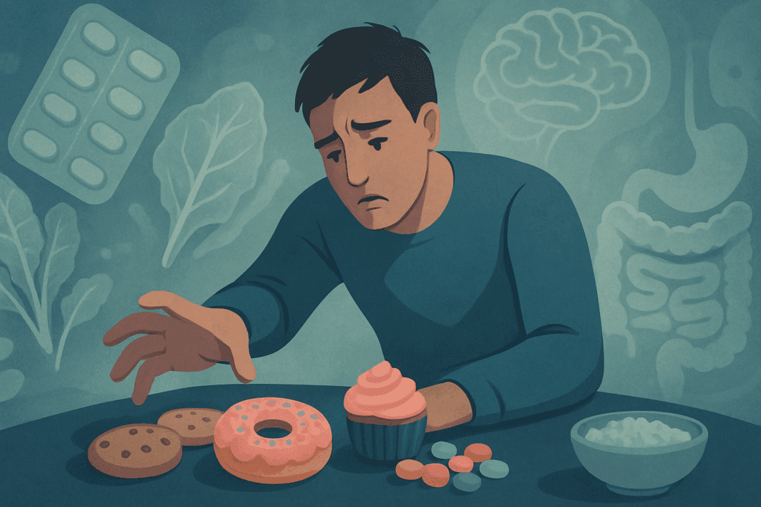 Person reaching for sugary snacks while surrounded by ghosted vitamins and minerals, symbolizing what vitamin deficiency causes sugar cravings.