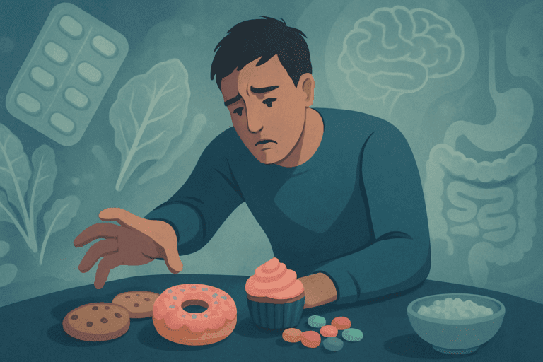Person reaching for sugary snacks while surrounded by ghosted vitamins and minerals, symbolizing what vitamin deficiency causes sugar cravings.