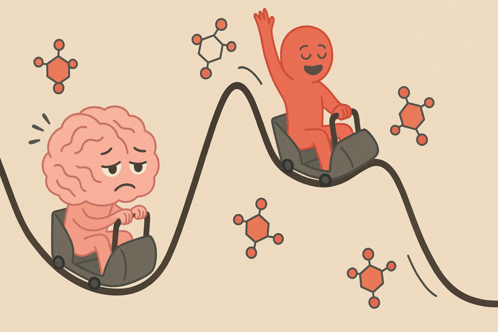 Conceptual illustration of a brain and body riding a rollercoaster to represent energy spikes and crashes related to sugar intake, supporting discussion on what vitamin deficiency causes sugar cravings