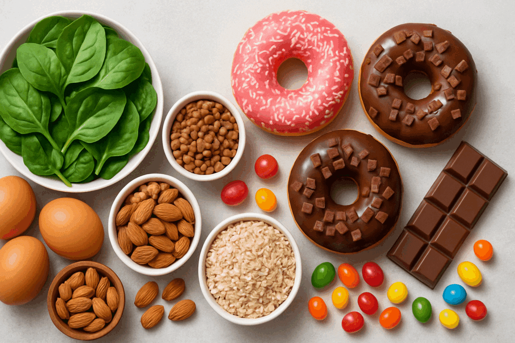 Flat lay of vitamin-rich foods like eggs, spinach, legumes, nuts, and whole grains next to sugary treats like donuts and candy, illustrating what vitamin deficiency causes sugar cravings.