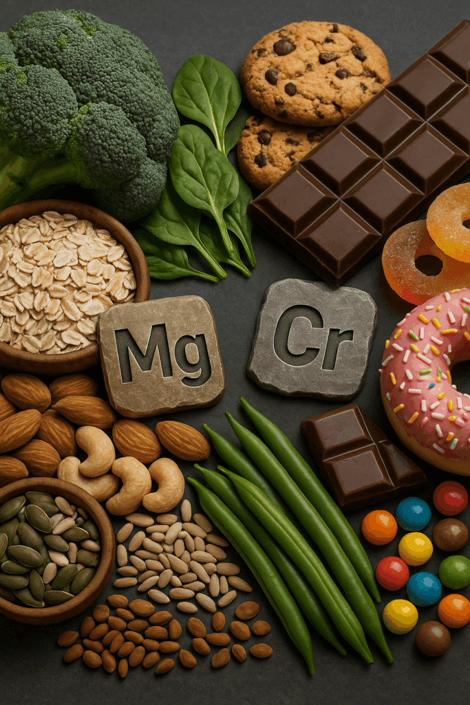 Foods rich in magnesium and chromium like oats, spinach, nuts, and green beans contrasted with sugary snacks, illustrating what vitamin deficiency causes sugar cravings.