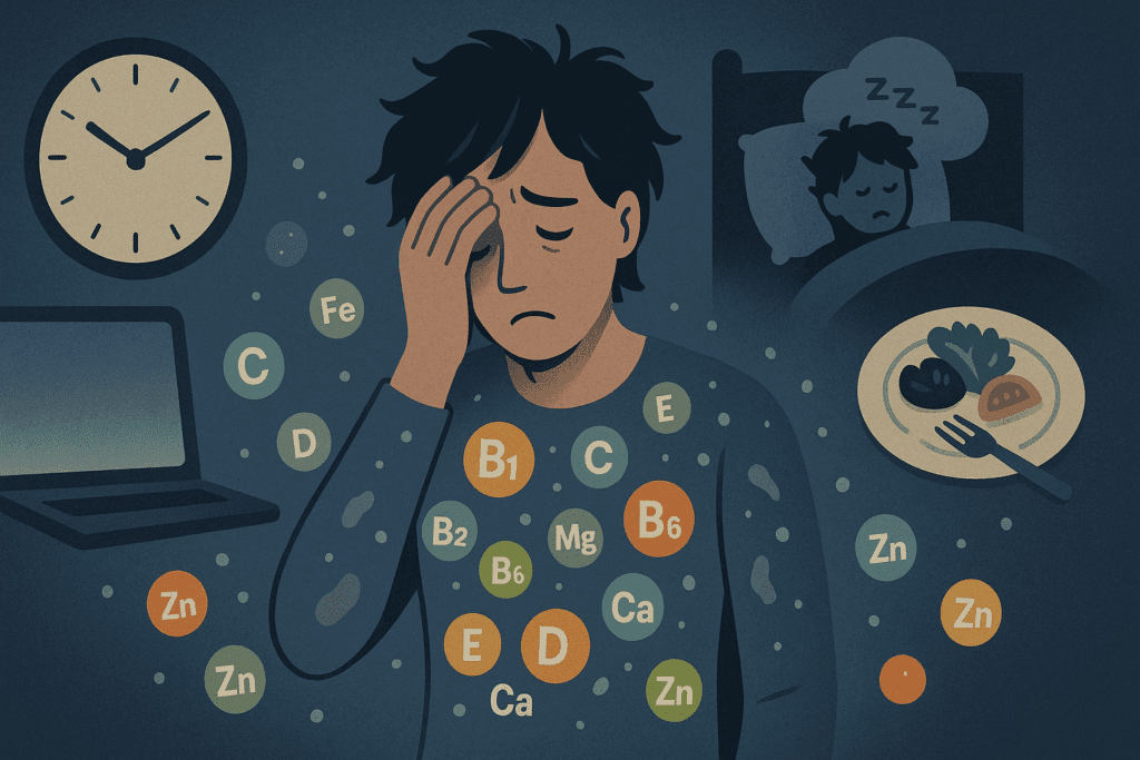 Fatigued person surrounded by stress symbols as nutrients like B vitamins and magnesium fade, illustrating what vitamin deficiency causes sugar cravings.