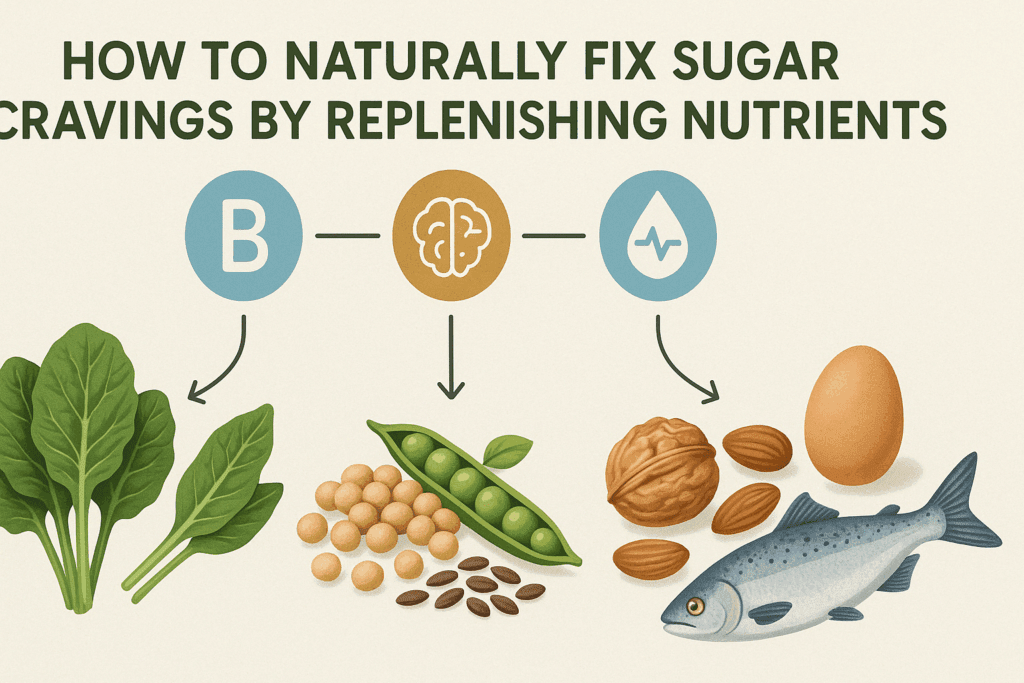 Infographic showing natural food sources that help fix sugar cravings, linked to what vitamin deficiency causes sugar cravings through icons representing brain health and blood sugar control