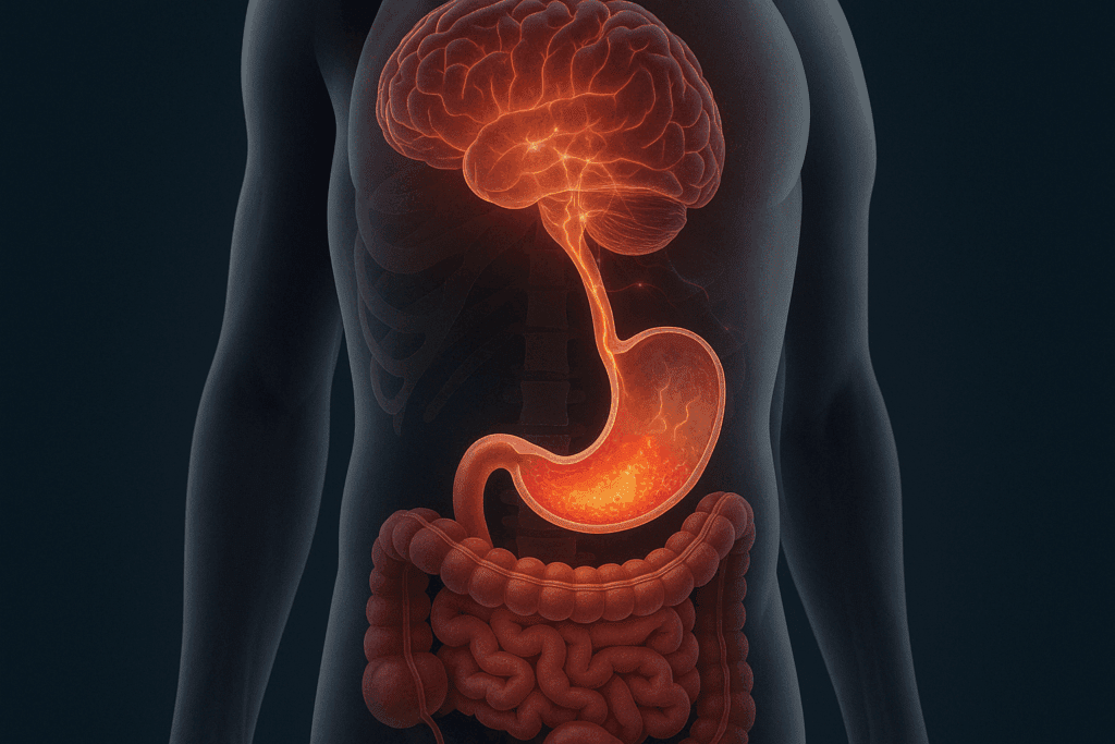 Anatomical cutaway illustration of the human digestive system during fasting, highlighting an empty stomach, gastric acid buildup, and rising ghrelin levels. The brain-gut connection is depicted with glowing neural pathways linking the brain to the stomach, visualizing the physiological response to hunger during fasting