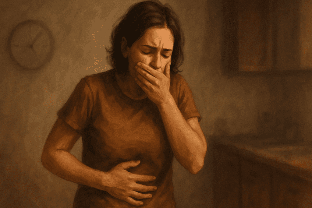 Young adult woman standing in a dimly lit kitchen, holding her stomach with one hand to represent hunger and covering her mouth with the other hand, indicating nausea. The image captures a moment of emotional distress, with a blurred clock in the background subtly suggesting stress and unease. Warm, muted tones enhance the discomfort and internal conflict the subject is experiencing
