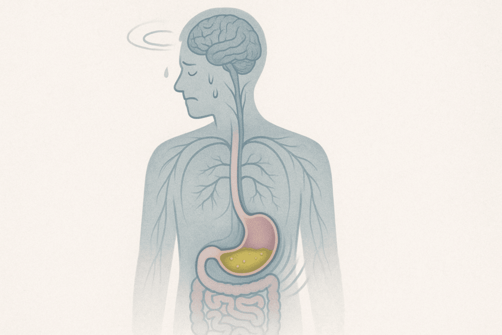 Medical illustration of a stressed human figure showing bile buildup in an empty stomach, with a visible nervous system and subtle signs of discomfort like dizziness and sweating, representing the science behind vomiting from not eating