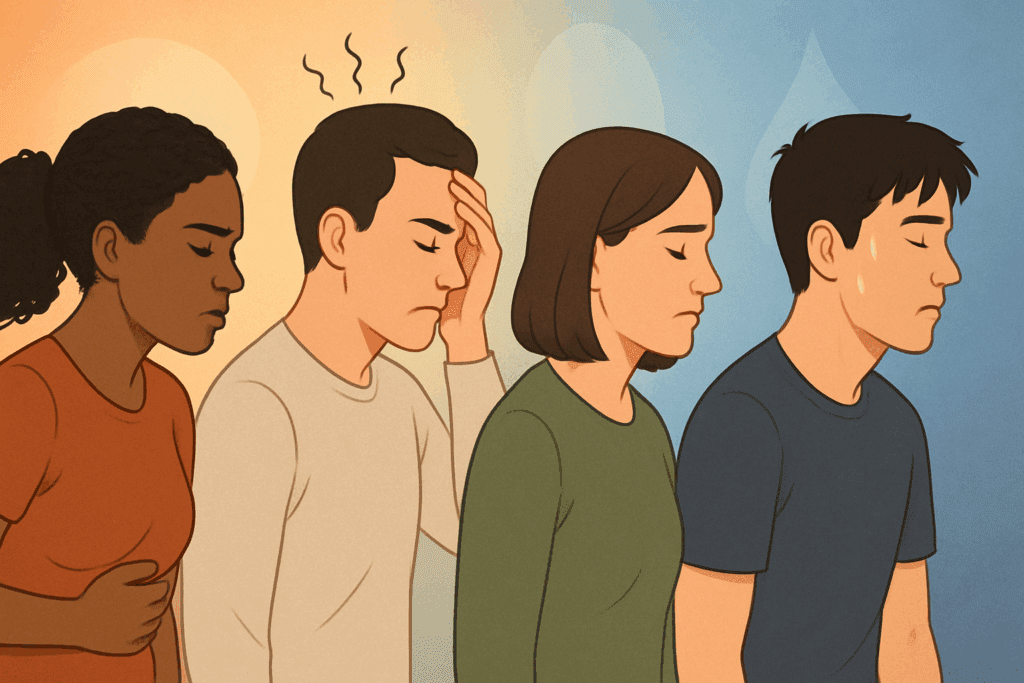 Group of diverse individuals showing different triggers for nausea from not eating, including a person clutching their stomach, another with signs of stress, and others displaying fatigue and discomfort, set against a soft gradient background symbolizing metabolic and hormonal differences