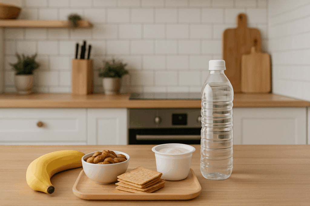 Healthy snack options including banana, almonds, crackers, yogurt, and a water bottle arranged neatly on a light wooden kitchen countertop, designed for mindful eating and preventing nausea from not eating