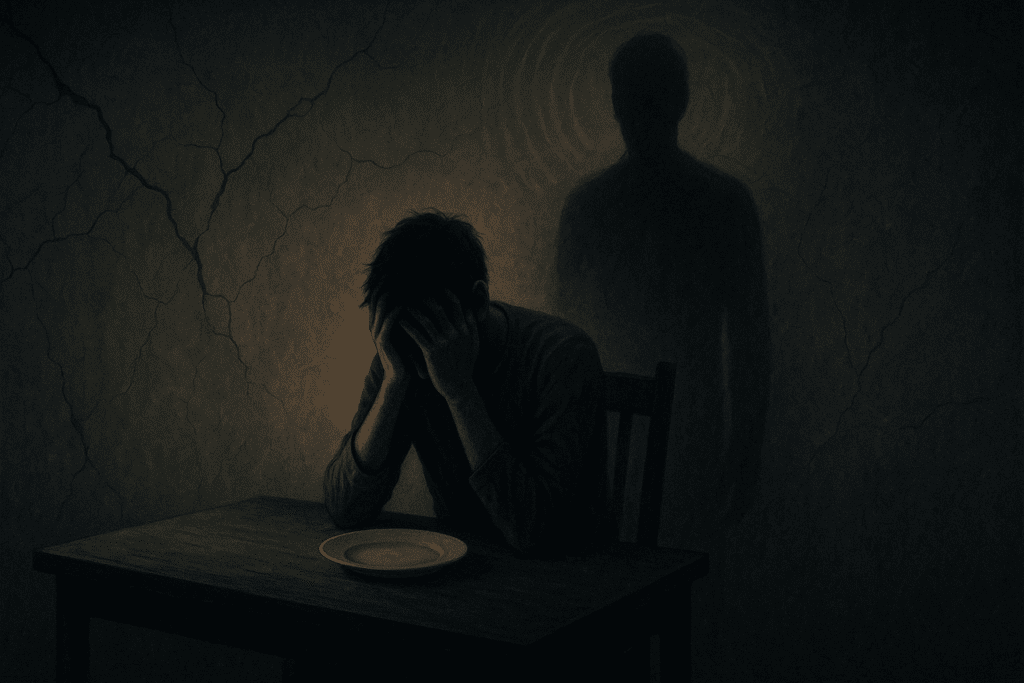 A person sitting at a dining table with their head in their hands, representing the emotional and mental toll of hunger-related nausea. A shadowy, anxious figure stands behind them, symbolizing inner turmoil. The dimly lit room with cracked walls and subtle visual tension amplifies the feeling of stress and anxiety