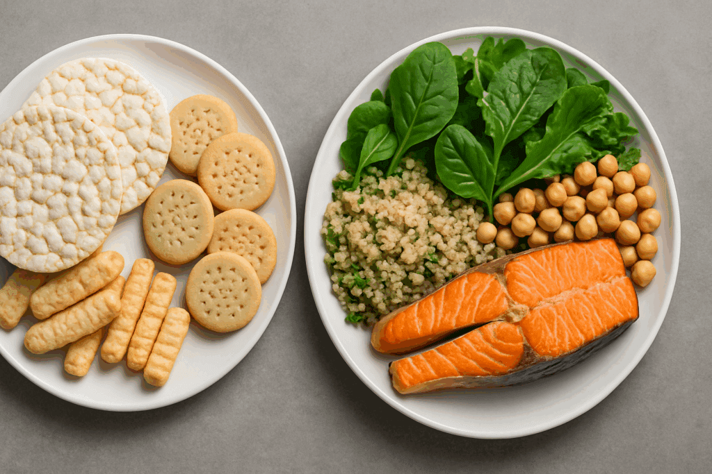 Why Your Fat Loss Diet Is Making You Eat More: How to Manage Hunger When You’re Trying to Lose Weight but Always Hungry 2 Split plate comparing ultra-processed snacks to nutrient-dense whole foods like salmon and leafy greens for a fat loss diet.