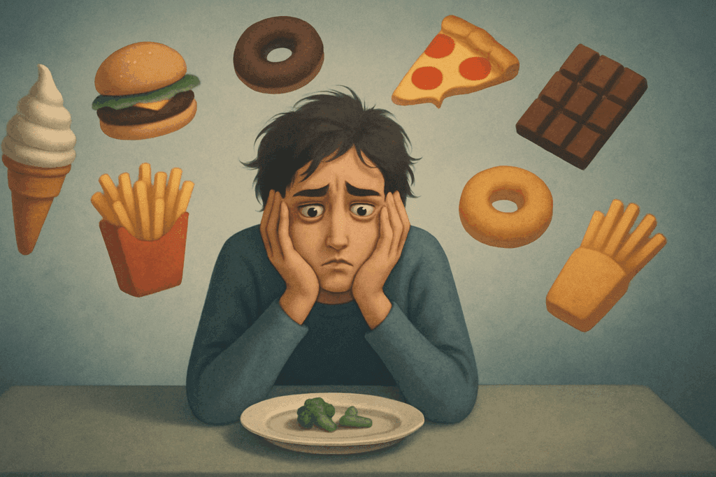 Why Your Fat Loss Diet Is Making You Eat More: How to Manage Hunger When You’re Trying to Lose Weight but Always Hungry 3 Anxious person sitting at a table with a restrictive fat loss diet menu, surrounded by floating fast food items symbolizing cravings and mental struggle