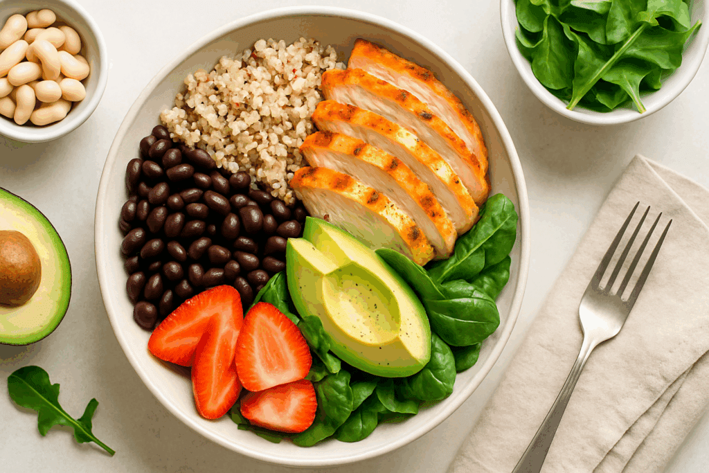 Why Your Fat Loss Diet Is Making You Eat More: How to Manage Hunger When You’re Trying to Lose Weight but Always Hungry 4 Balanced fat loss diet meal with grilled chicken, quinoa, black beans, avocado, leafy greens, and strawberries in natural light.