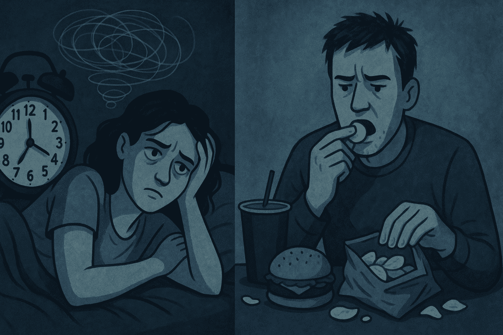 Why Your Fat Loss Diet Is Making You Eat More: How to Manage Hunger When You’re Trying to Lose Weight but Always Hungry 5 Tired woman awake at night with swirling thoughts and oversized clock beside man stress-eating junk food, illustrating fat loss diet challenges due to poor sleep and stress.