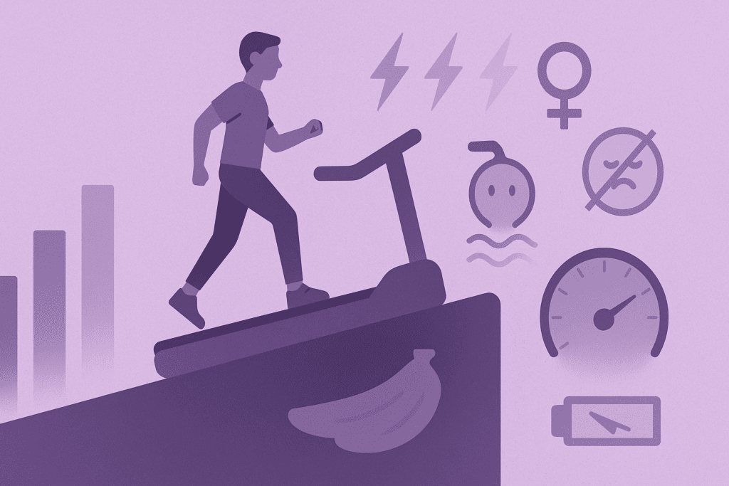 Why Your Fat Loss Diet Is Making You Eat More: How to Manage Hunger When You’re Trying to Lose Weight but Always Hungry 6 Visual metaphor for metabolic adaptation during a fat loss diet, showing a person on a steep treadmill with fading energy and declining metabolism indicators.
