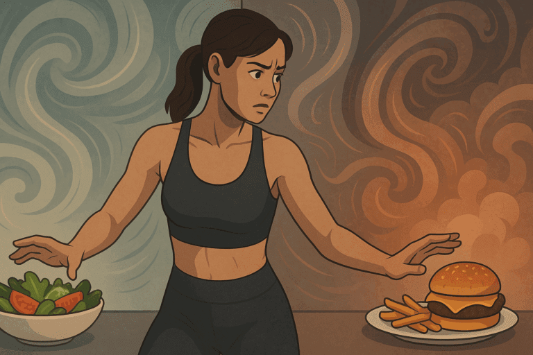 Woman in workout clothes torn between salad and cheeseburger, symbolizing inner conflict during a fat loss diet
