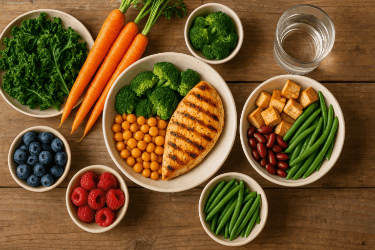 Grilled chicken, tofu, fresh vegetables, legumes, and berries arranged on a wooden table as part of a balanced no sugar meal plan.