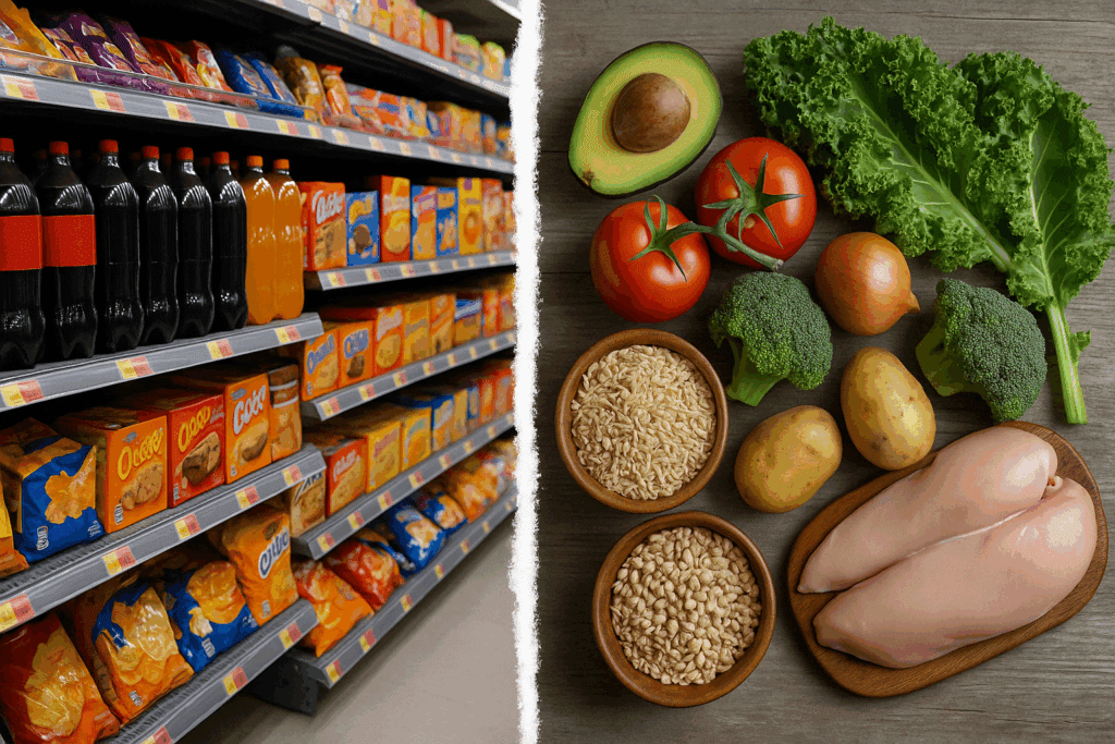 Zero Sugar, Full Nutrition: Expert-Approved No Sugar Meal Plan with a Complete List of Sugar Free Foods 1 Split-screen comparison of a processed food aisle with soda and snacks versus fresh whole foods like vegetables, grains, and chicken, highlighting choices in a no sugar meal plan.