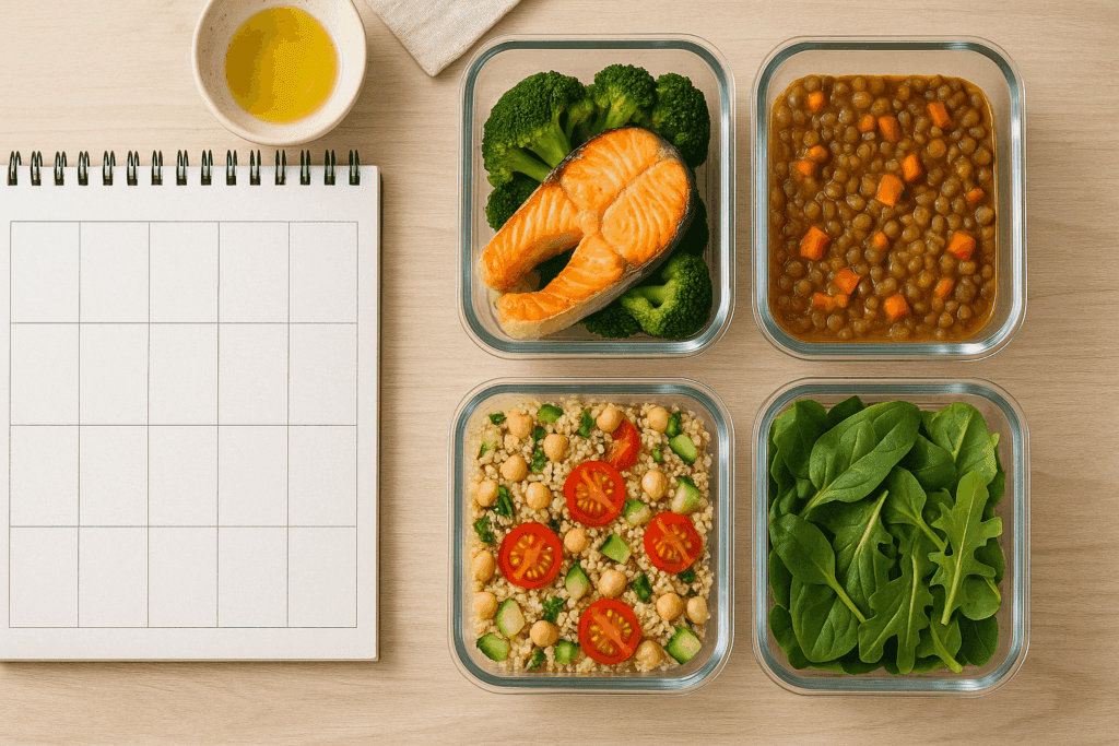 Zero Sugar, Full Nutrition: Expert-Approved No Sugar Meal Plan with a Complete List of Sugar Free Foods 3 Meal prep containers with grilled salmon, quinoa salad, lentil stew, and leafy greens on a kitchen table for a no sugar meal plan.